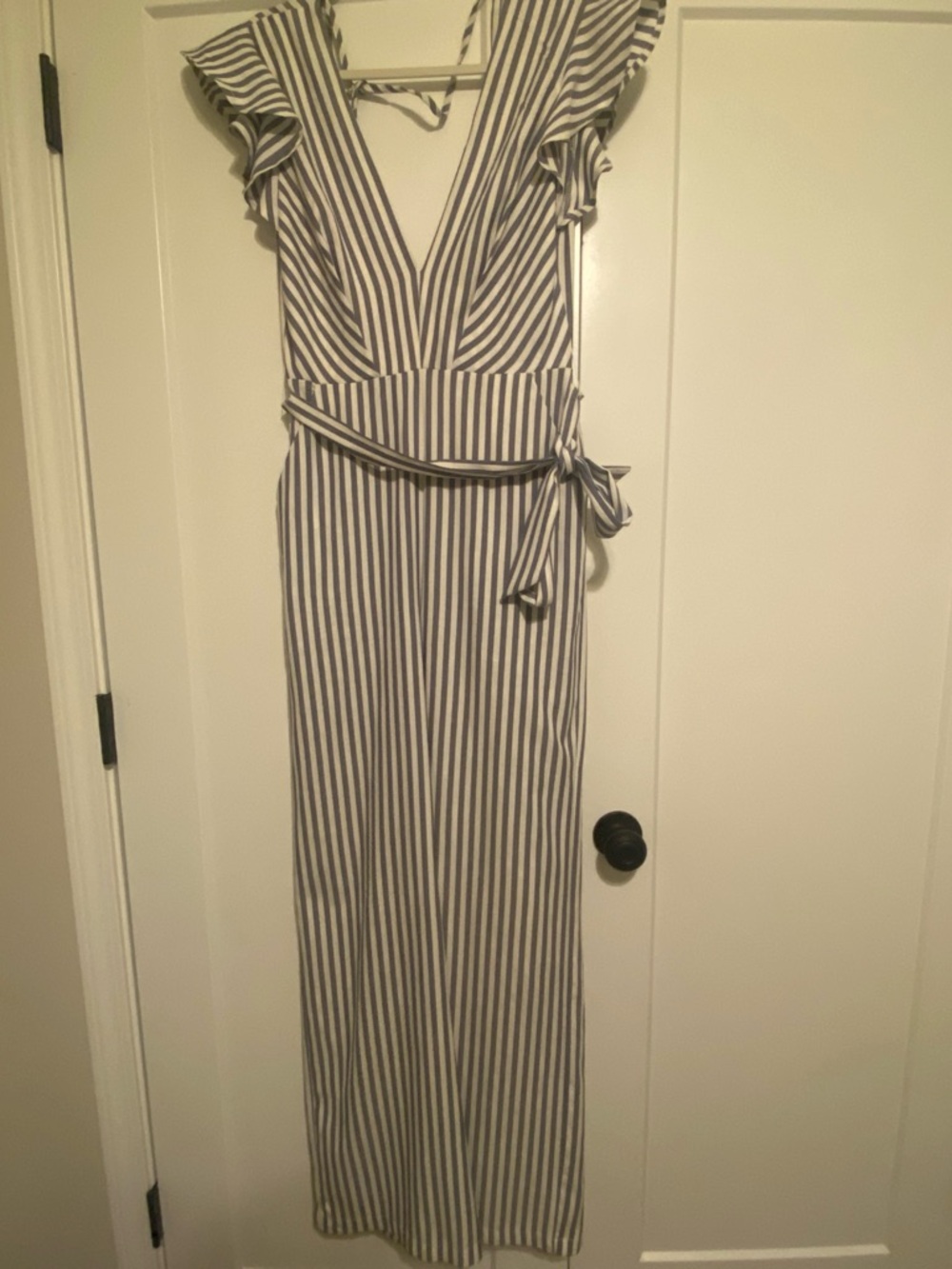 Striped V-Neck Jumpsuit with Tie Waist - Blue/White